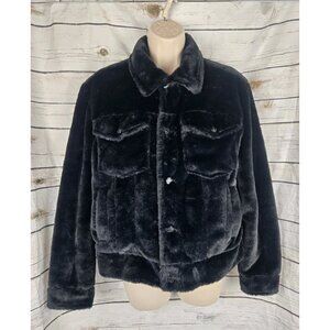 Juicy Couture Black Faux Fur Trucker Jacket Womens M Button Front